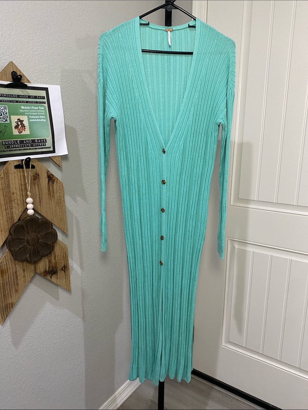 Free People Ribbed Long Button-Front Cardigan in Mint sz S NWOT